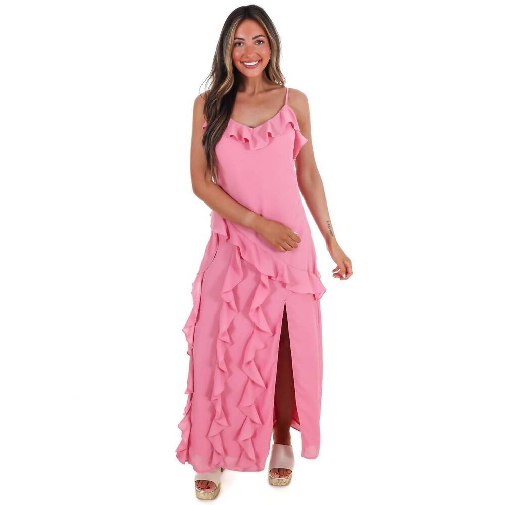 NEW IN FEBRUARY hint of allure ruffle maxi dress in flamingo pink